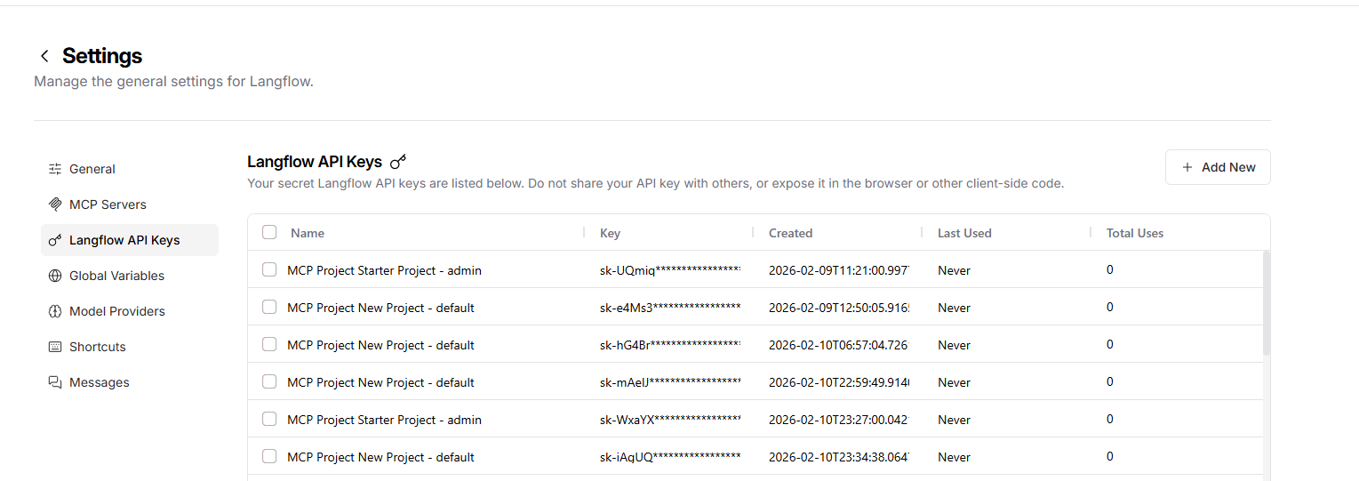 Langflow API Keys settings